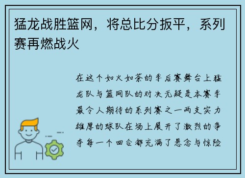 猛龙战胜篮网，将总比分扳平，系列赛再燃战火