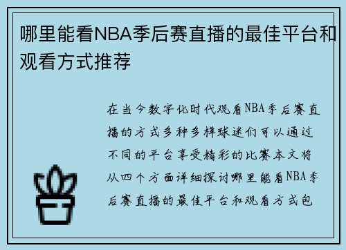哪里能看NBA季后赛直播的最佳平台和观看方式推荐