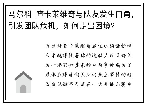 马尔科-查卡莱维奇与队友发生口角，引发团队危机，如何走出困境？