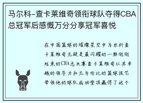 马尔科-查卡莱维奇领衔球队夺得CBA总冠军后感慨万分分享冠军喜悦