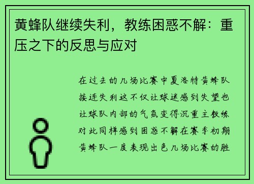黄蜂队继续失利，教练困惑不解：重压之下的反思与应对